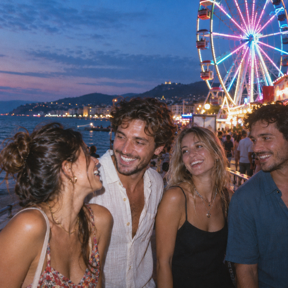 Des amis à la fête foraine au crépuscule, ambiance film