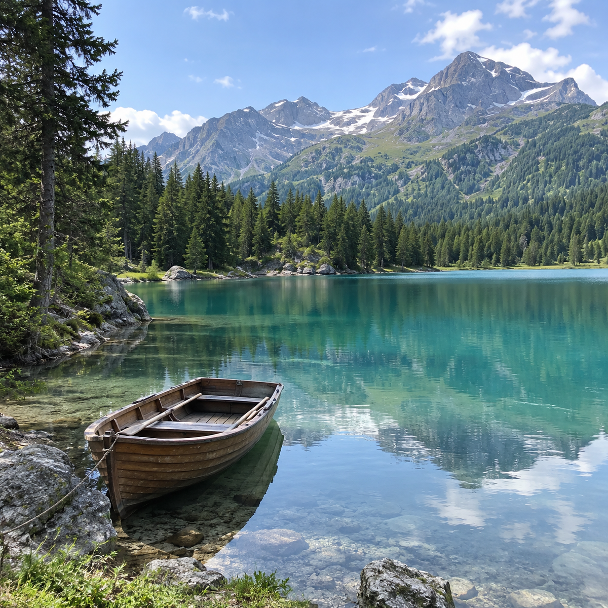 Un lac alpin et une barque, couleurs naturelles