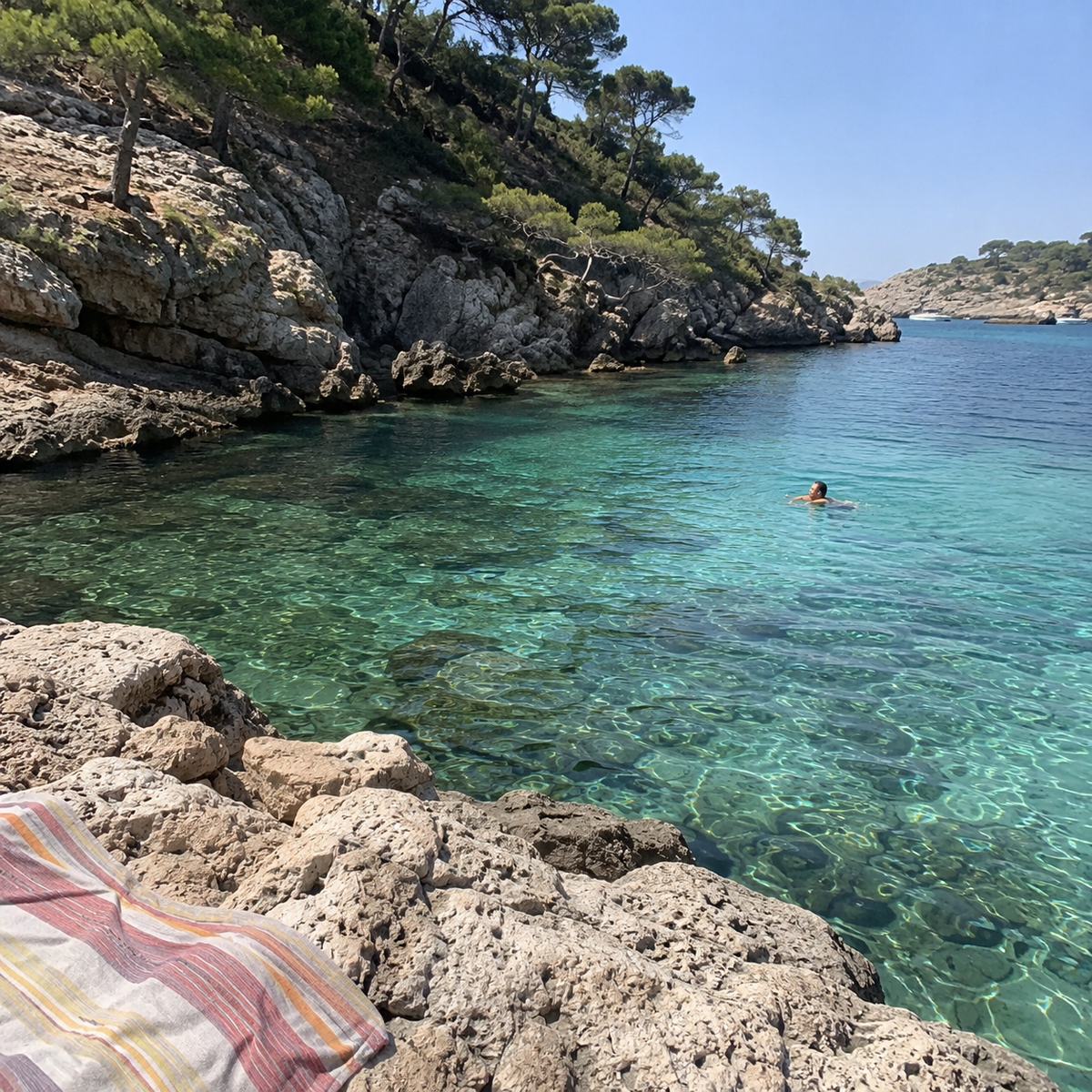 Crique rocheuse et baignade en Méditerranée, lumière naturelle
