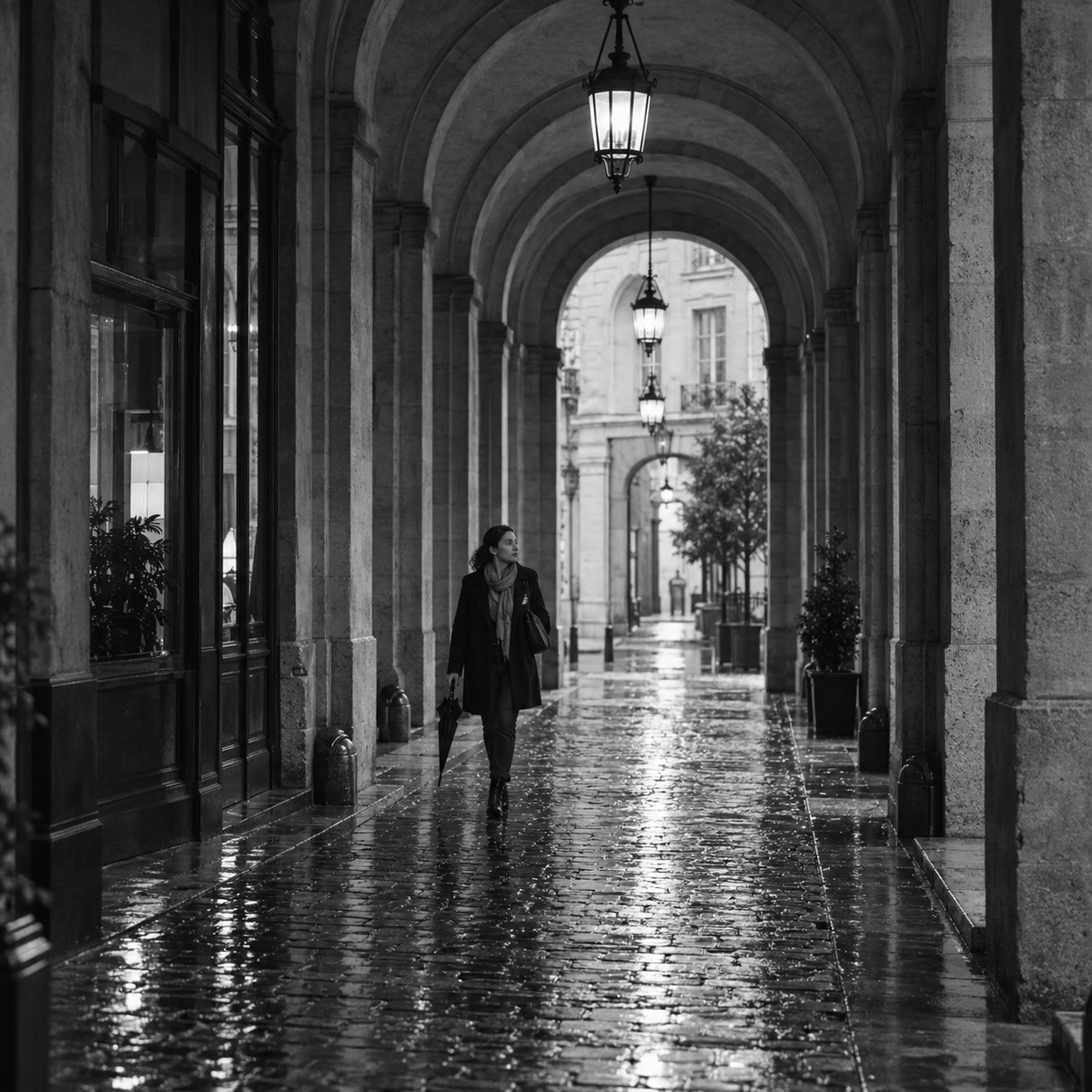 Une promenade sous des arcades parisiennes en noir et blanc