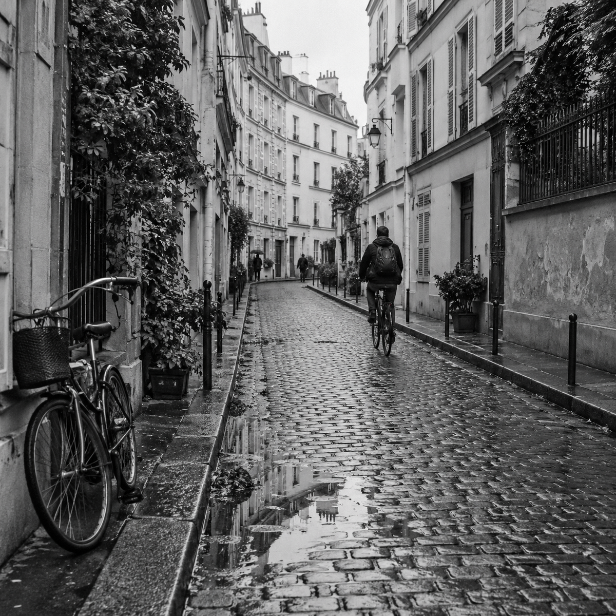 Rue parisienne après la pluie, photographie en noir et blanc
