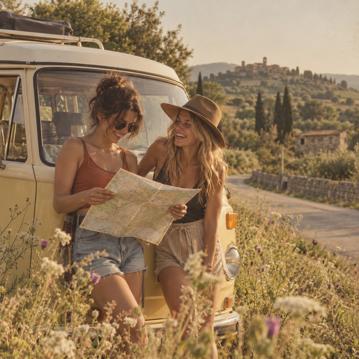 Deux amies en voyage avec un van, ambiance vintage