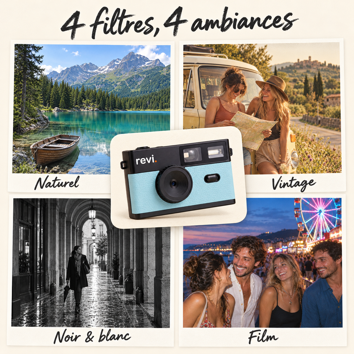 Les 4 filtres REVI : Naturel, Vintage, Noir et blanc et Film, avec l’appareil bleu au centre