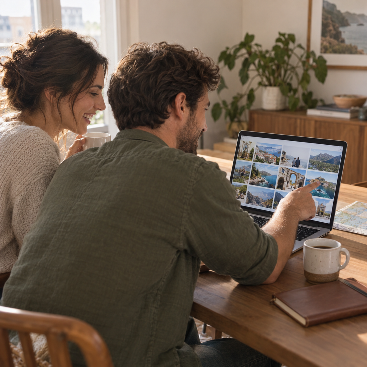 Un couple retrouve ses photos de voyage sur un ordinateur
