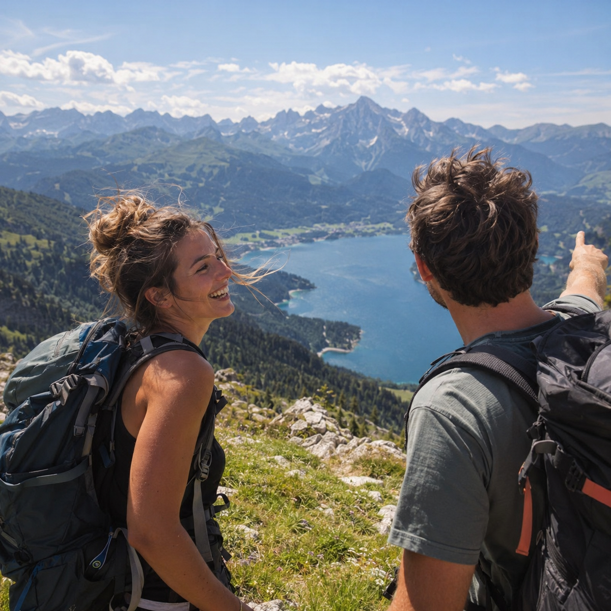 Deux amis en randonnée face à un lac alpin