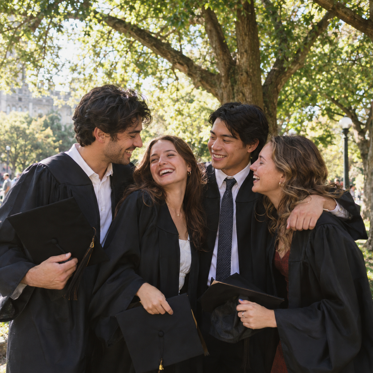 Quatre adultes fêtent leur remise de diplôme