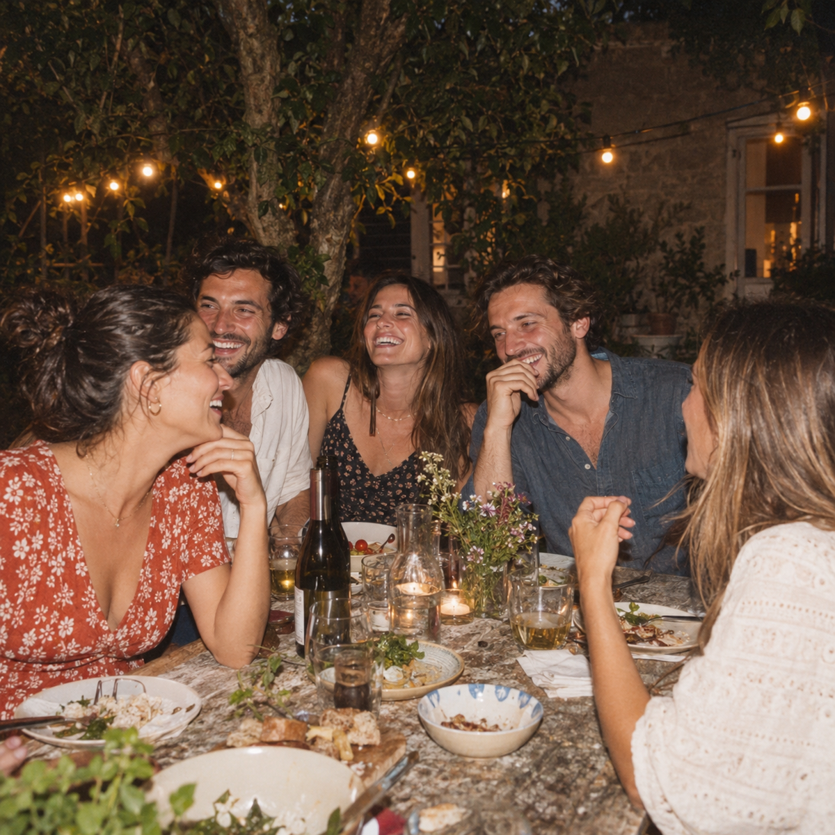 Des amis rient autour d’un dîner dans un jardin
